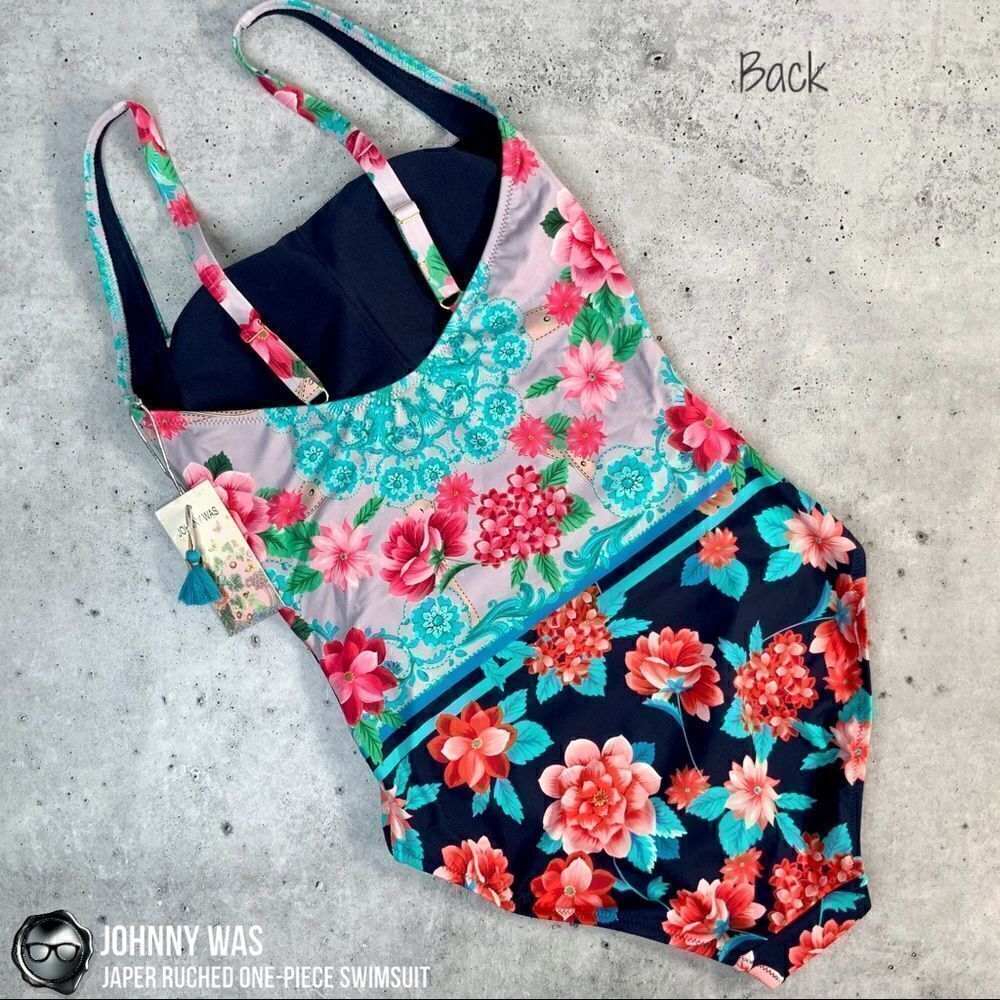 JOHNNY WAS JAPER RUCHED ONE PIECE SWIMSUIT IN FLORAL BLUE RED SMALL, LARGE NEW - Picture 11 of 16